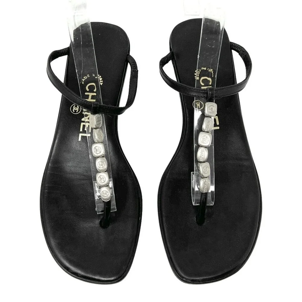 Chanel Black Leather CC Logo‎ Flat Thong Sandals 36.5 Vintage